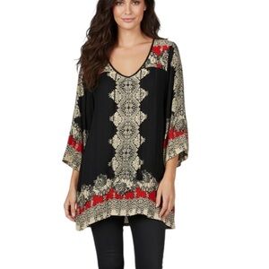 ANGIE Black Cream Tassel Rayon Long Sleeve Tunic Blouse Small